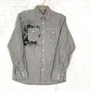 Roar Embroidered Shirt Mens Large Grey Pinstripe Embellished Velvet Print Y2K